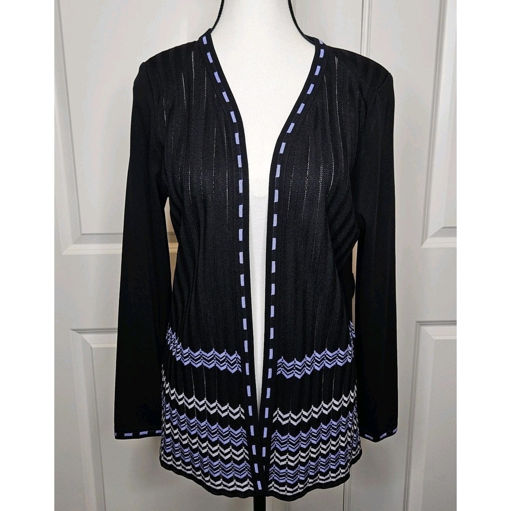 Misook Womens Cardigan Collarless Sweater Longsleeve Knit Small Black Periwinkle